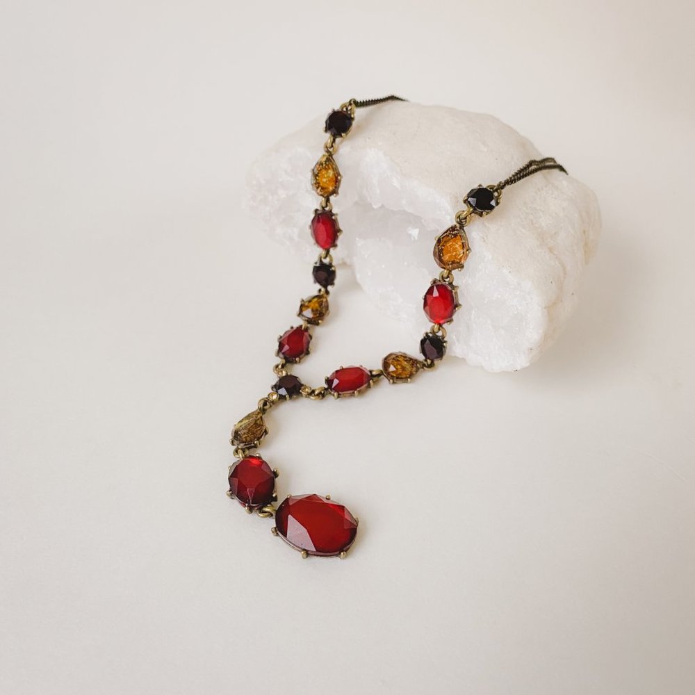 Carolina Herrera Faux Ruby Rhinestone Crystal Brass Chain Lariat Y Drop Necklace